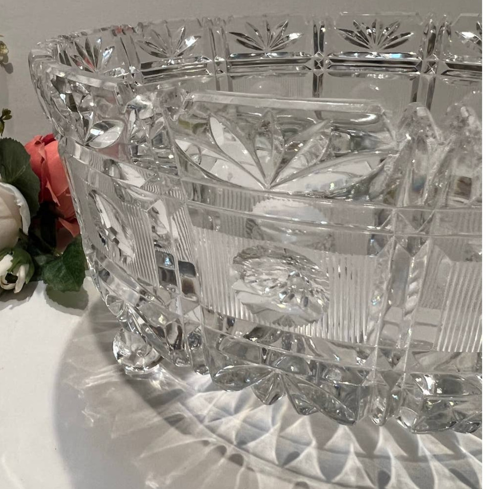 Vintage Lead Crystal Cut Glass Serving Bowl with Three Feet
